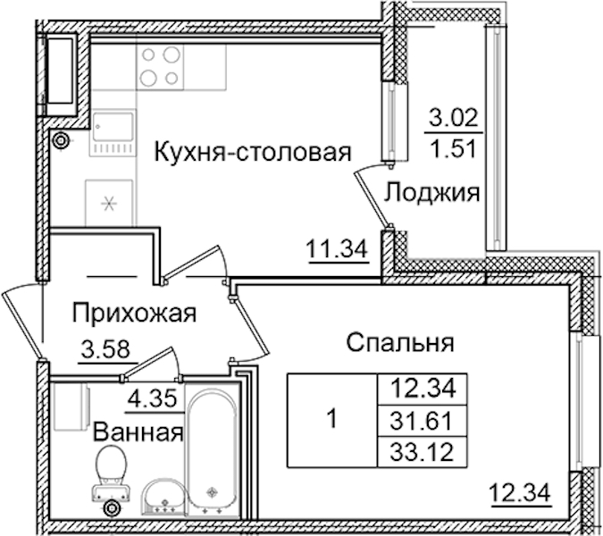 1-комнатная квартира 33.12 м², 2/9 эт., ЖК «Квартал Заречье»